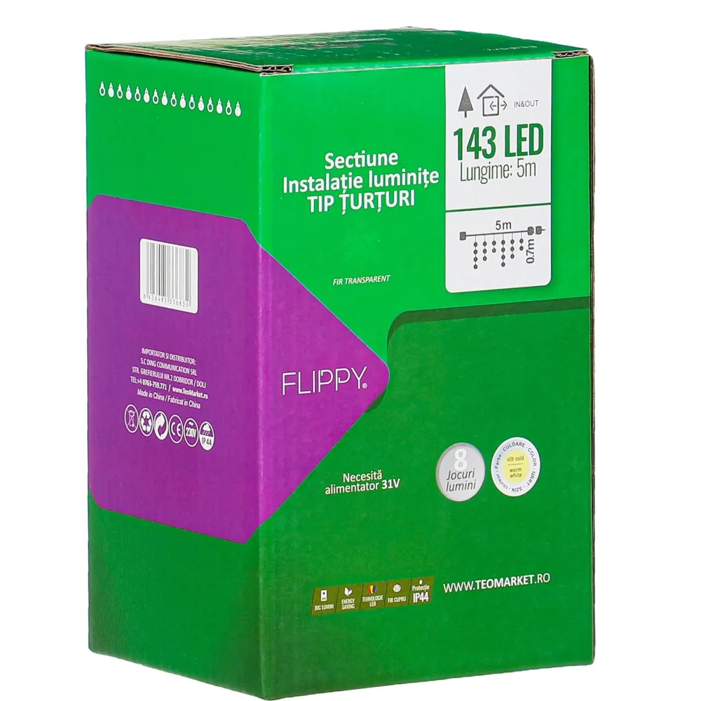 Karácsonyi fényfüzér, Vivimall®, jégcsap típusú, tápegység nélkül, 5m, 143 LED, 8 világítási mód, átlátszó kábel, meleg fe...
