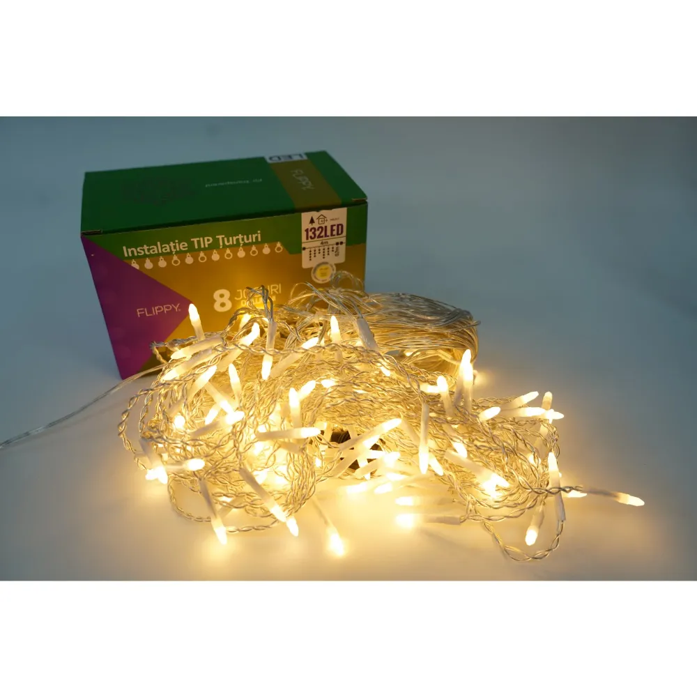 Vivimall® jégcsap karácsonyi fényfüzér, 8 fényjáték, 4 m szakasz, 132 LED, összekapcsolható, átlátszó kábel, meleg fehér