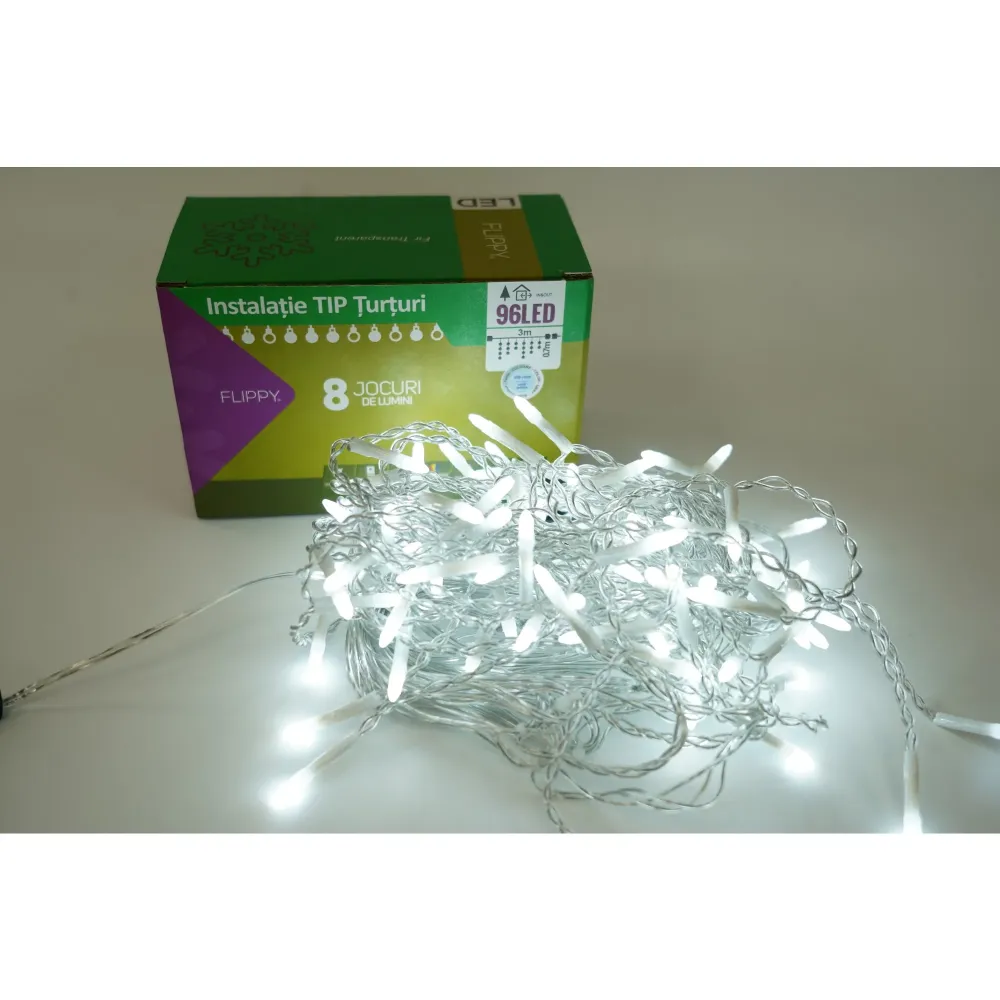 Vivimall® Jégcsap karácsonyi fényfüzér, 8 fényjáték, 3 m szakasz, 96 LED, Összekapcsolható, Átlátszó vezeték, Hideg fehér