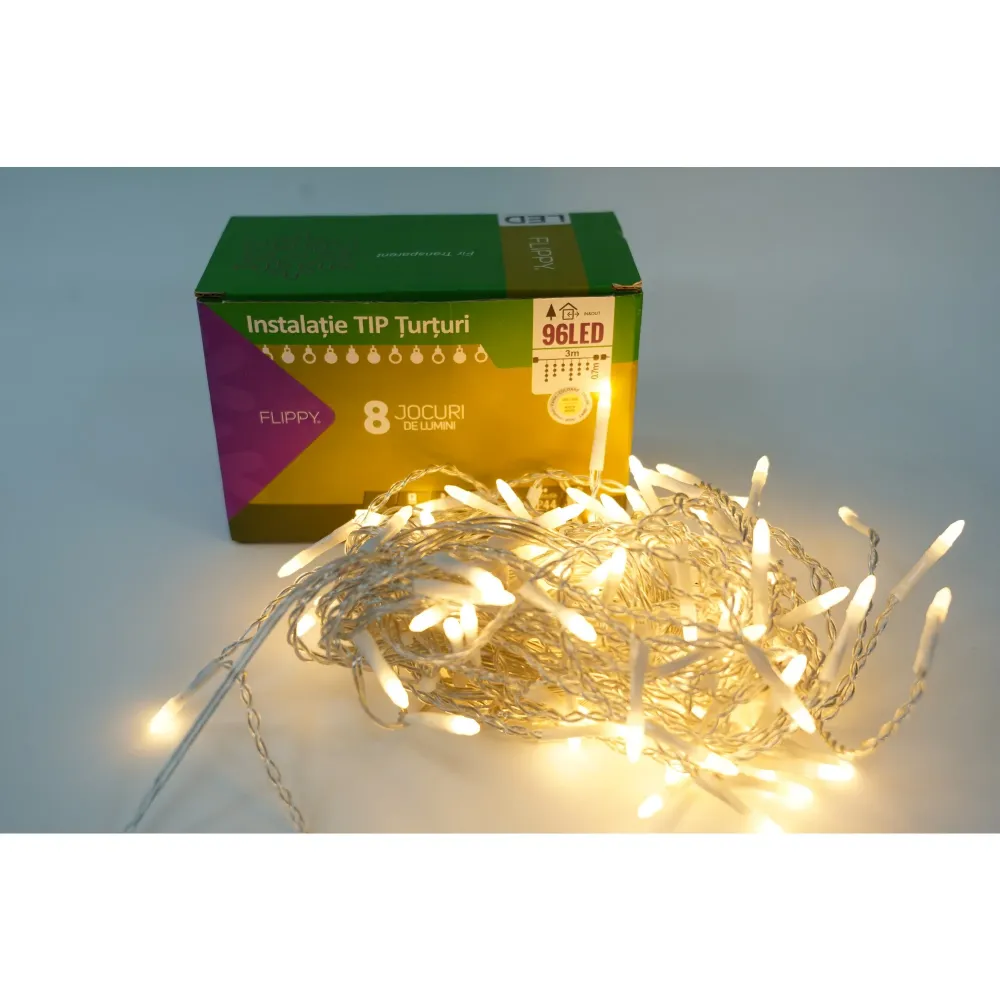 Vivimall® Jégcsap karácsonyi fényfüzér szakasz, 8 fénymód, 3 m, 96 LED, Összekapcsolható, Átlátszó vezeték, Meleg fehér, F...