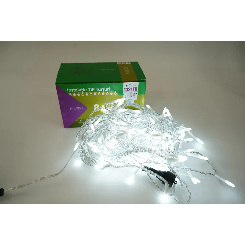 Vivimall® Jégcsap karácsonyi fényfüzér, 8 világítási mód, 4 m szekció, 132 LED, Összekapcsolható, Átlátszó vezeték, Hideg...