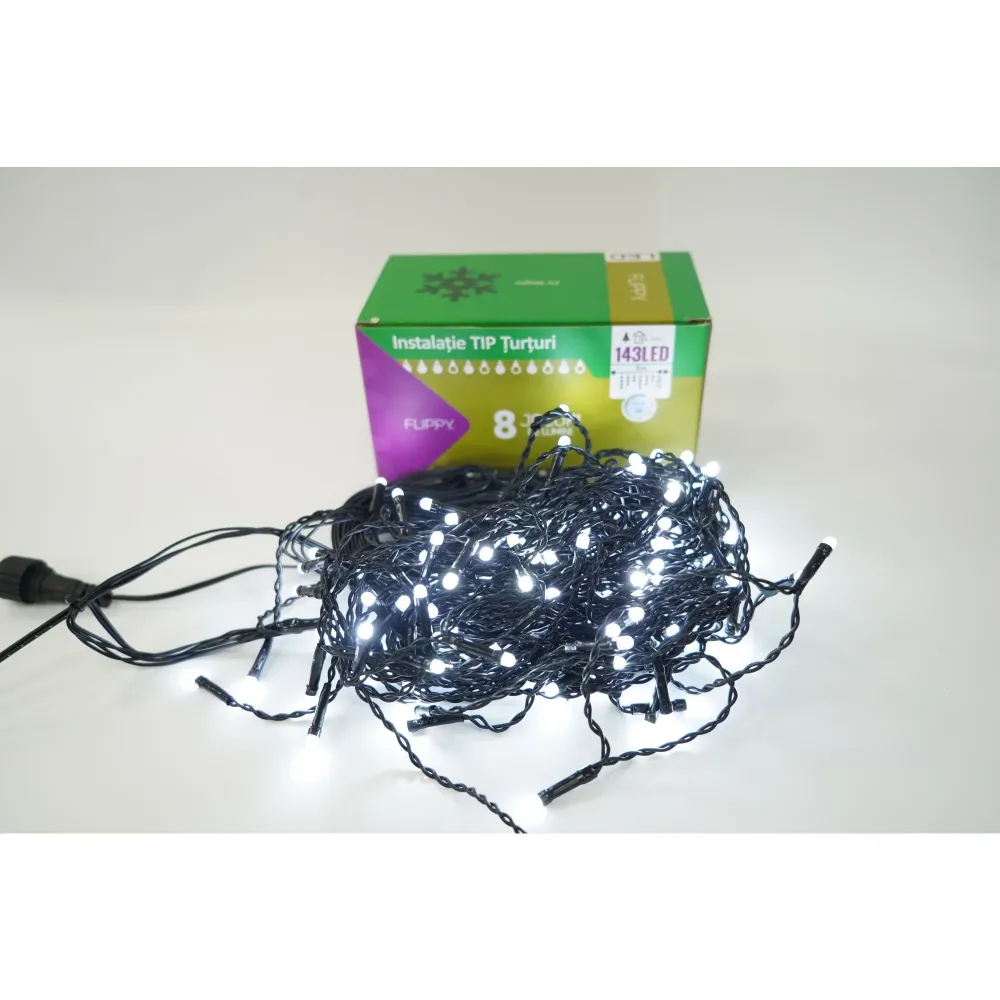 Vivimall® karácsonyi fényfüzér, jégcsap típusú, 8 fényjáték, 5 m-es szakasz, 143 LED, összekapcsolható, fekete kábel, hide...