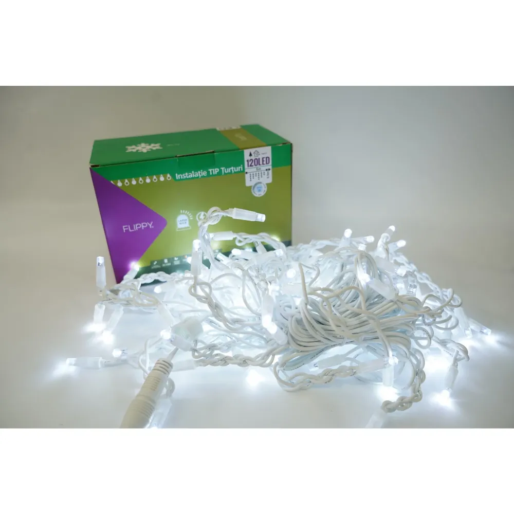 Vivimall® karácsonyi fényfüzér, jégcsap típusú villogóval, IP65, 5 m hosszú szakasz, 120 LED, csatlakoztatható, fehér veze...