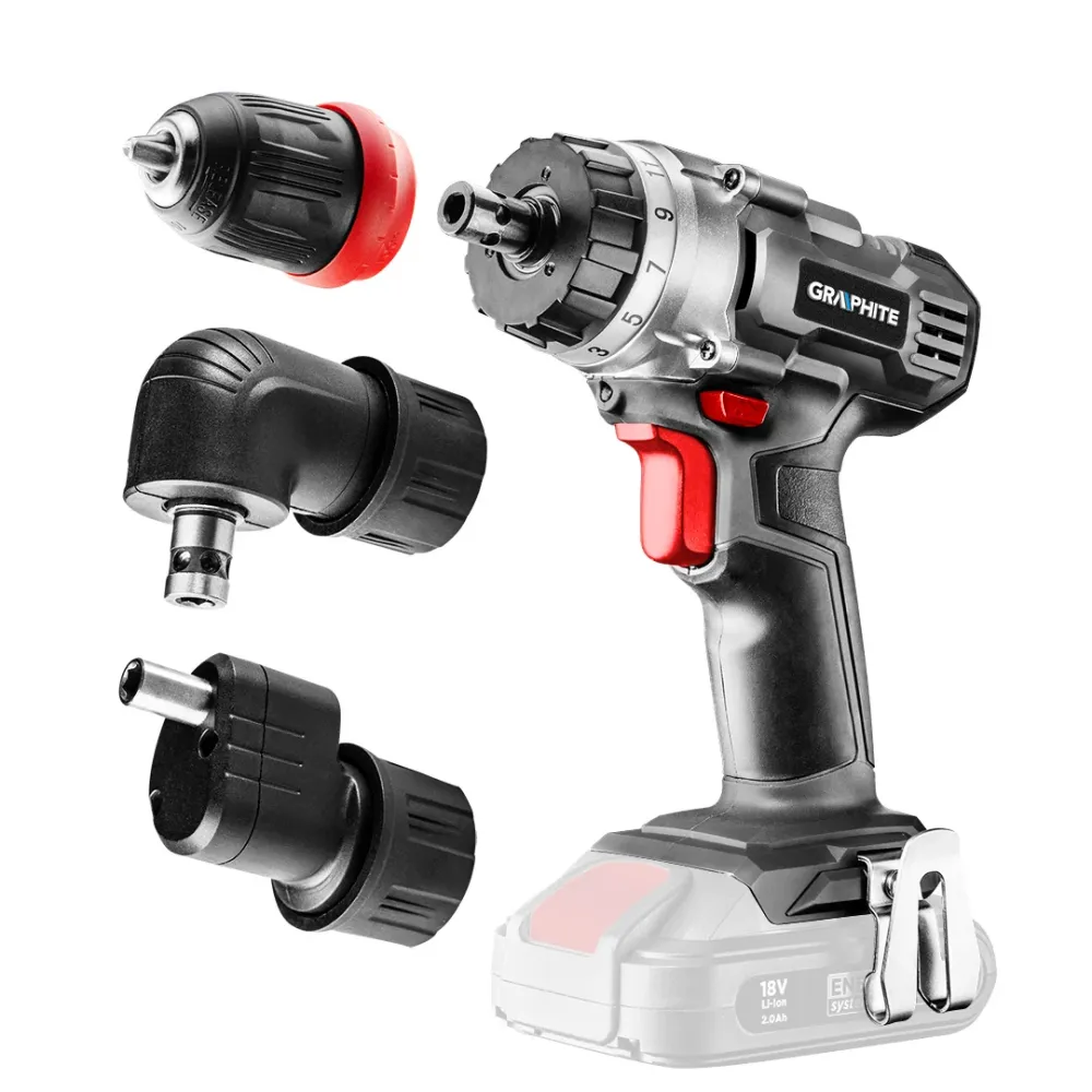 Akkus fúró csavarozó, ENERGY+ 18V, 3 levehető tokmánnyal 10mm, egyenes, sarok, perem. akku nélkül