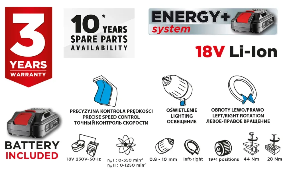 Akkus fúró ENERGY+ 18V/2ah, 10mm gyorstokmány, akku+töltő