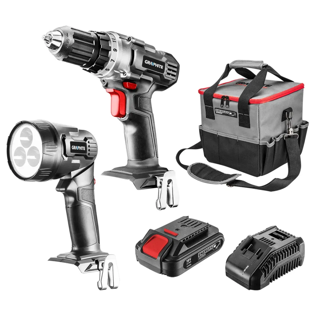Akkus gépkészlet ENERGY+, 18V/2Ah, akkus fúró + lámpa + táska + akku + töltő