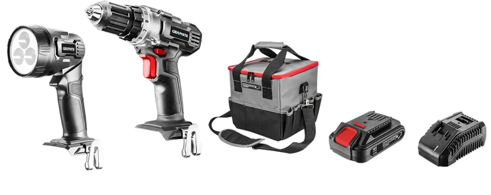 Akkus gépkészlet ENERGY+, 18V/2Ah, akkus fúró + lámpa + táska + akku + töltő