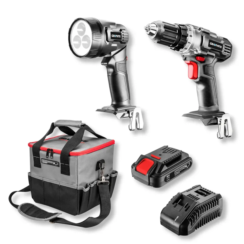 Akkus gépkészlet ENERGY+, 18V/2Ah, akkus fúró + lámpa + táska + akku + töltő