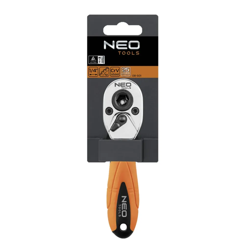 Racsnis kulcs 1/4", bitekhez, kétoldalú, 105mm, 72fog, DIN3122