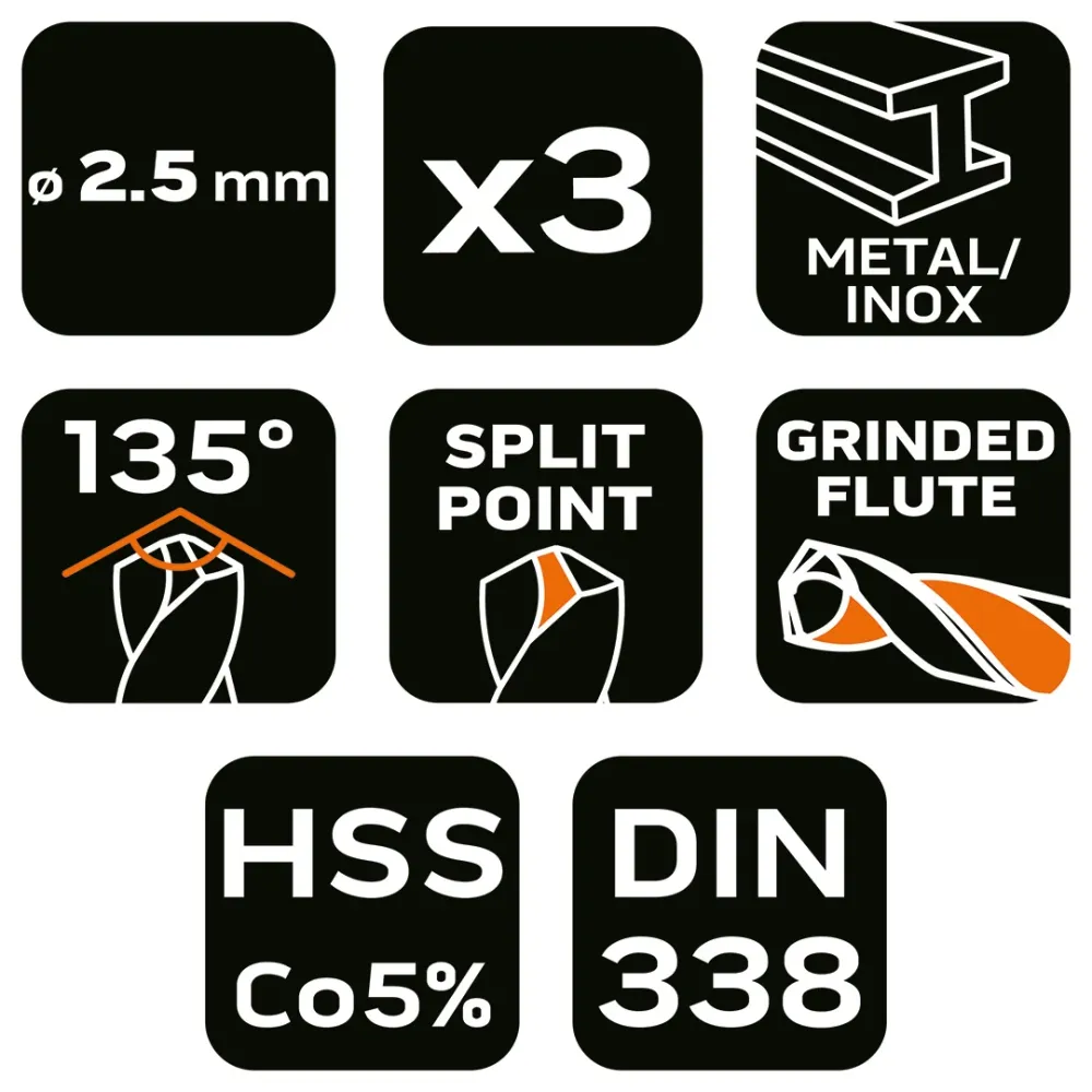 Csigafúró HSS-Cobalt 5% 2.5mm, 3db