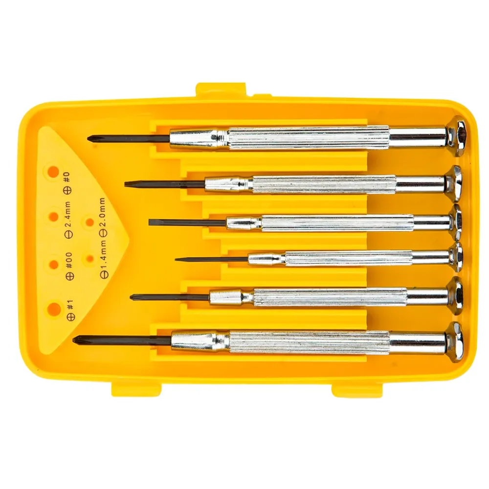 Műszerész, precíziós csavarhúzó készlet, CRV, lapos 1.4, 2, 2.4mm, kereszt PH00, PH0, PH2, 6db