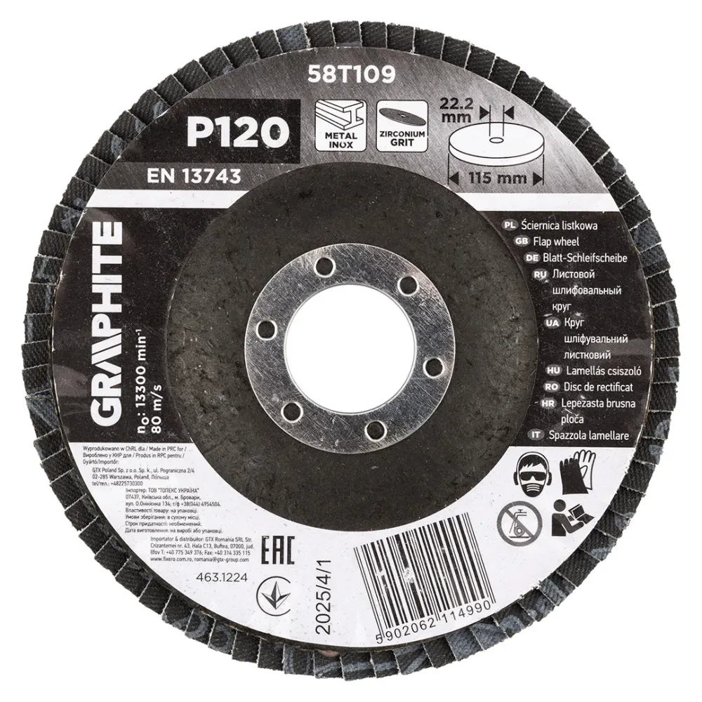 Csiszolókorong lamellás 115x22,2mm, P120 inox, fém, fa