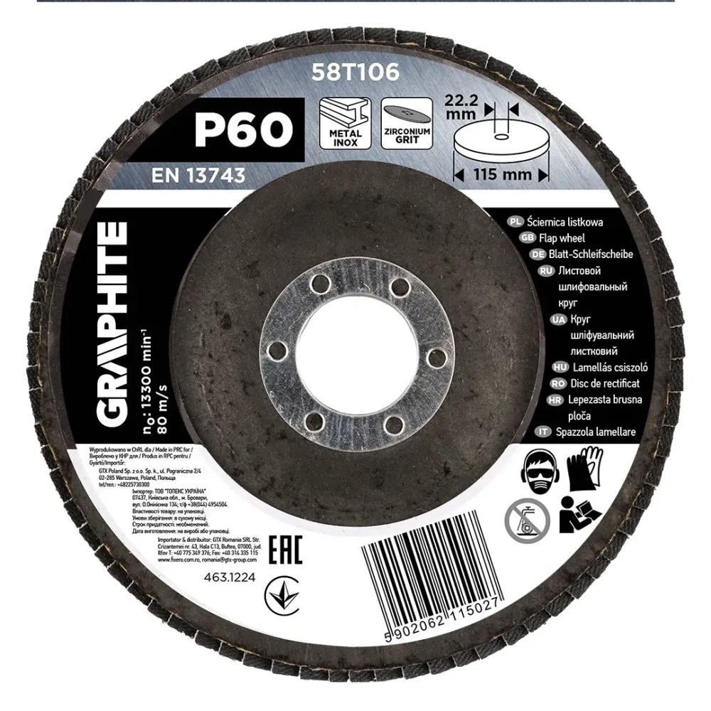 Csiszolókorong lamellás 115x22,2mm, P60 inox, fém, fa
