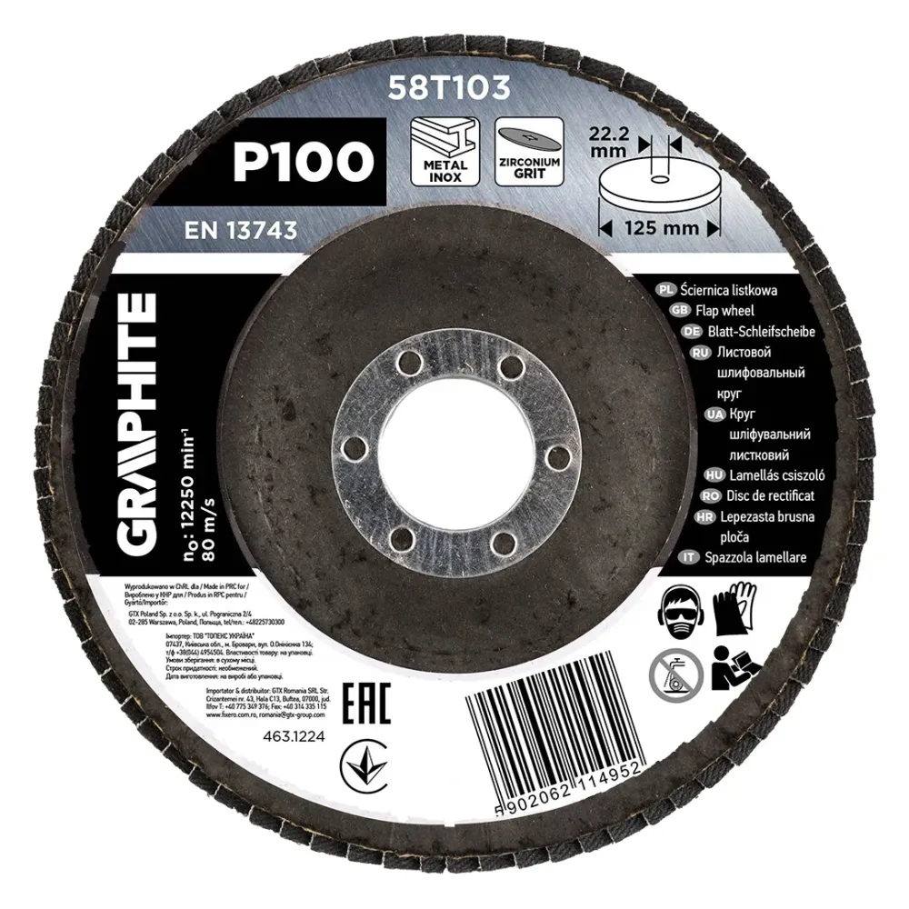 Csiszolókorong lamellás 125x22,2mm, P100 inox, fém, fa