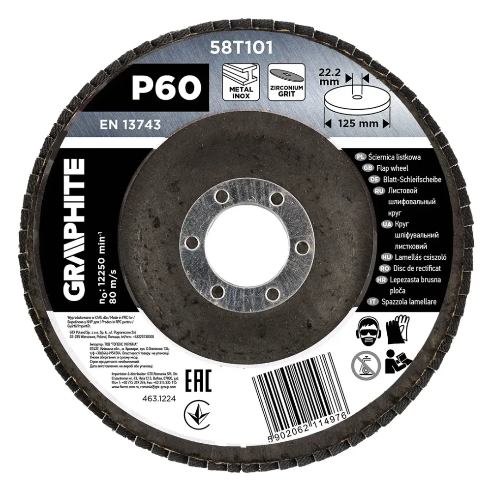 Csiszolókorong lamellás 125x22,2mm, P60 inox, fém, fa