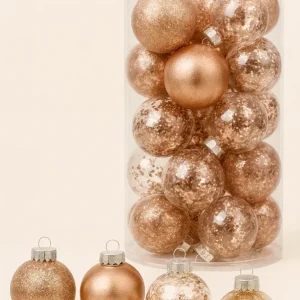 Rosé arany karácsonyfadísz gömb szett, 30 db, 6 cm, vegyes dekor, henger dobozban