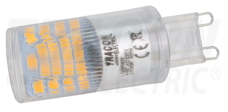 Tracon LED fényforrás G9 foglalattal 230 VAC, 4 W, 2700 K, G9, 350 lm, 200°, EEI=F LG9H4W