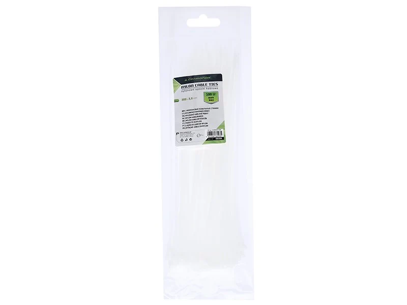 Nylon kábelkötegelő 300x3,6 mm, fehér, 100 db