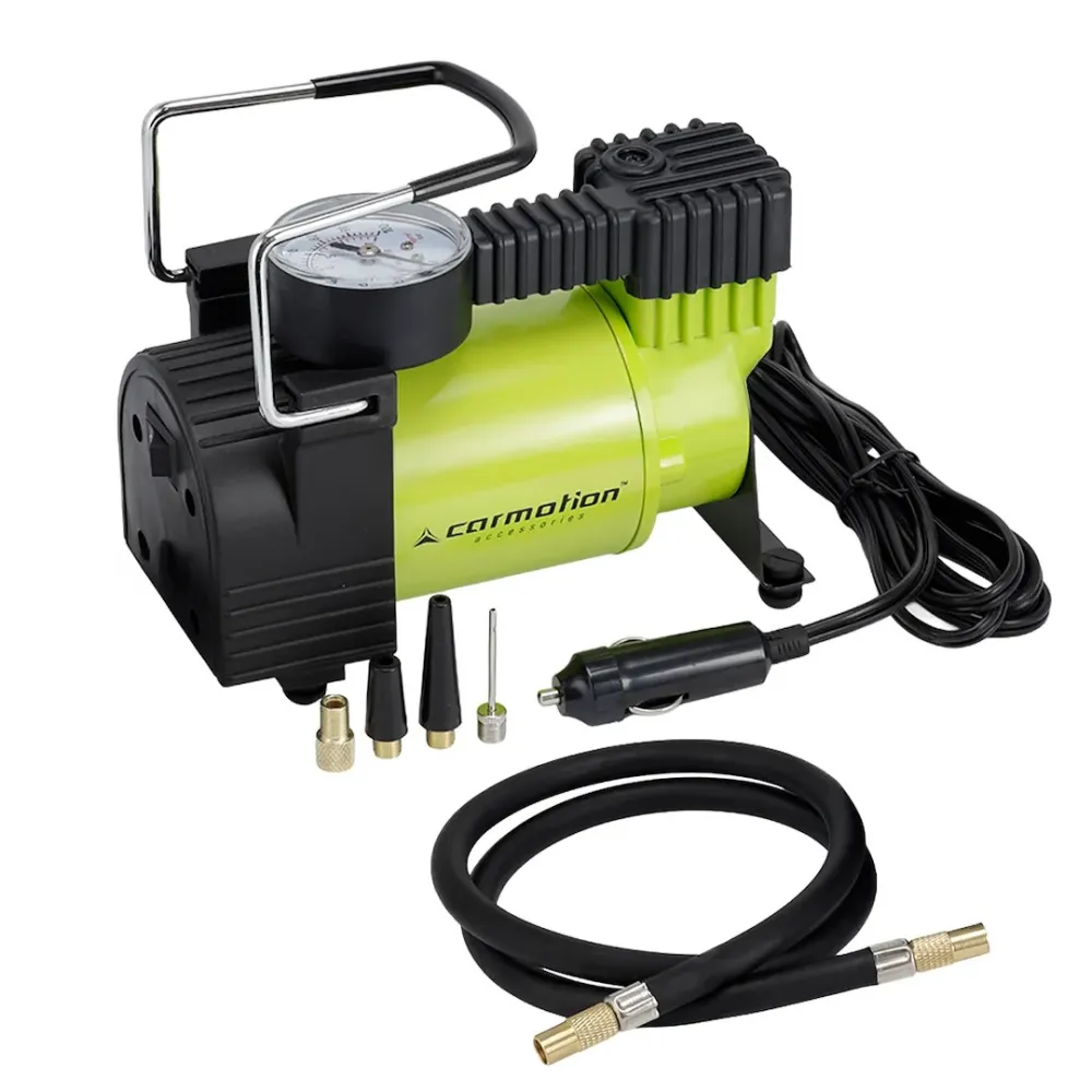 Dugattyús légkompresszor 12V, 11 BAR, 35L / perc, analóg nyomásmérő, 4 adapterrel