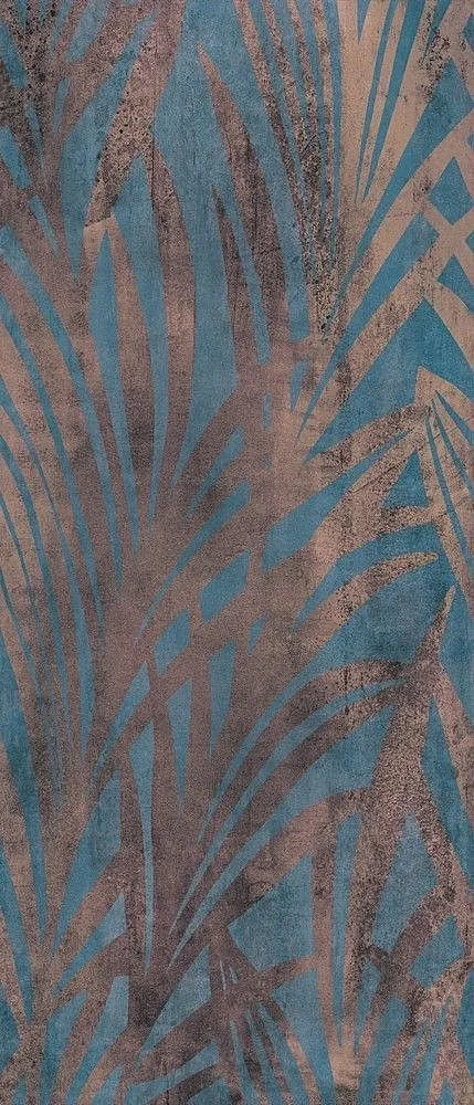 JUNGLE BLUE 120x280, Csodaszép türkiz nagy csempe, bronz pálmalevél mintával ami karaktert visz otthonába.