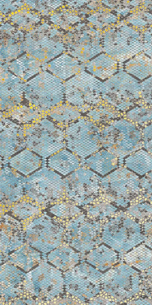 ROOM Python- 120x260 Ez nagy csempe színes kígyóbőr mintáját idézi, fehér, kék, arany és bézs árnyalatokkal. fehér tágítja...