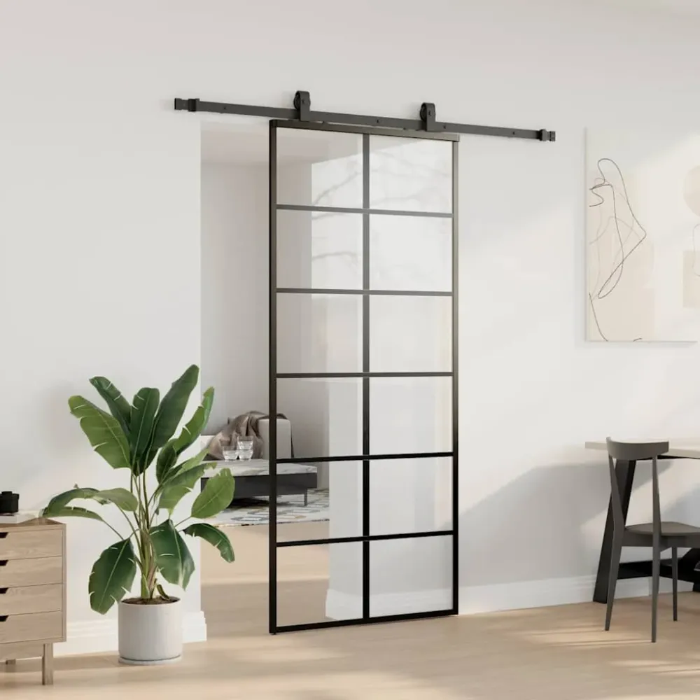 vidaXL fekete ESG üveg tolóajtó fémszerelvény-szettel 90x205 cm