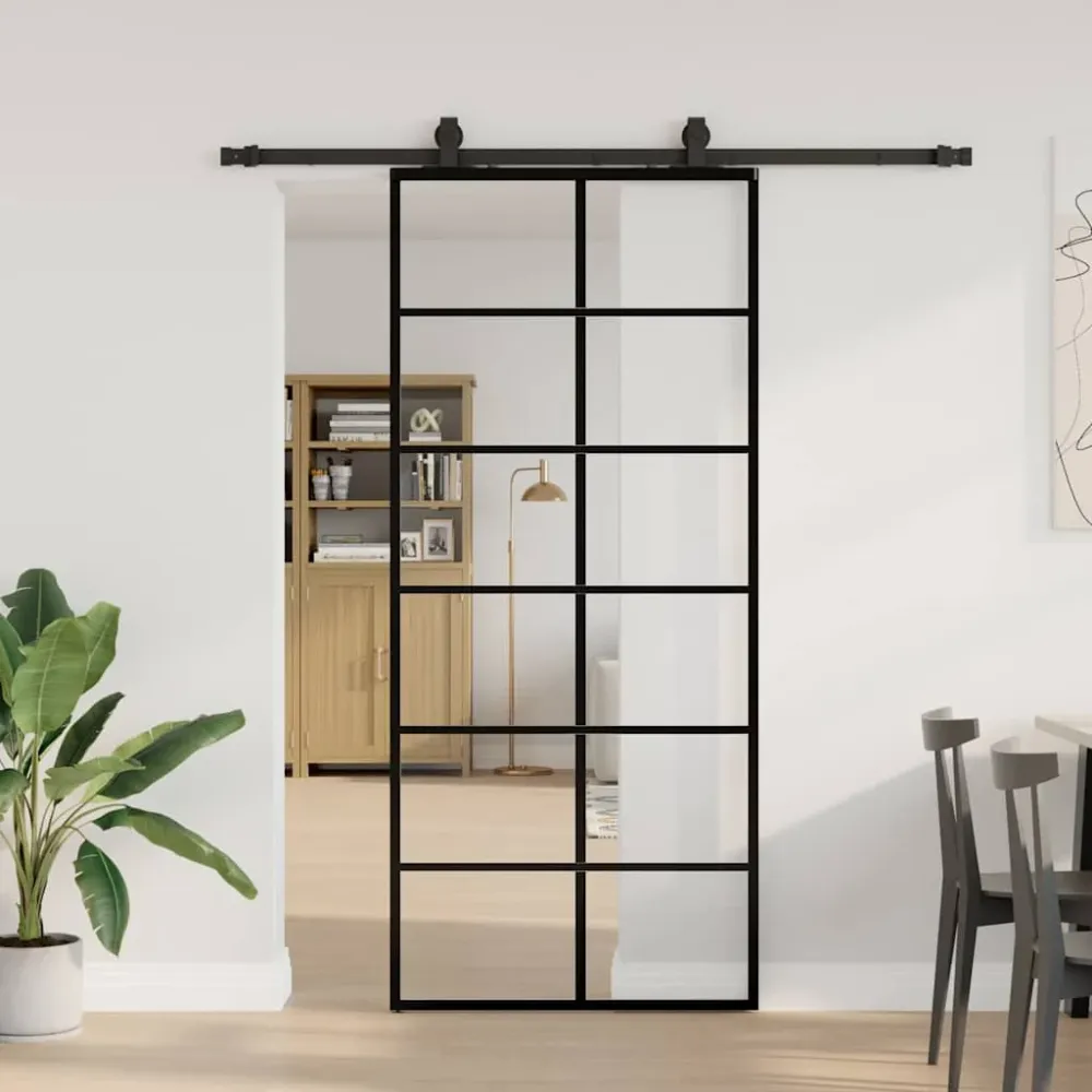 vidaXL fekete ESG üveg tolóajtó fémszerelvény-szettel 90x205 cm