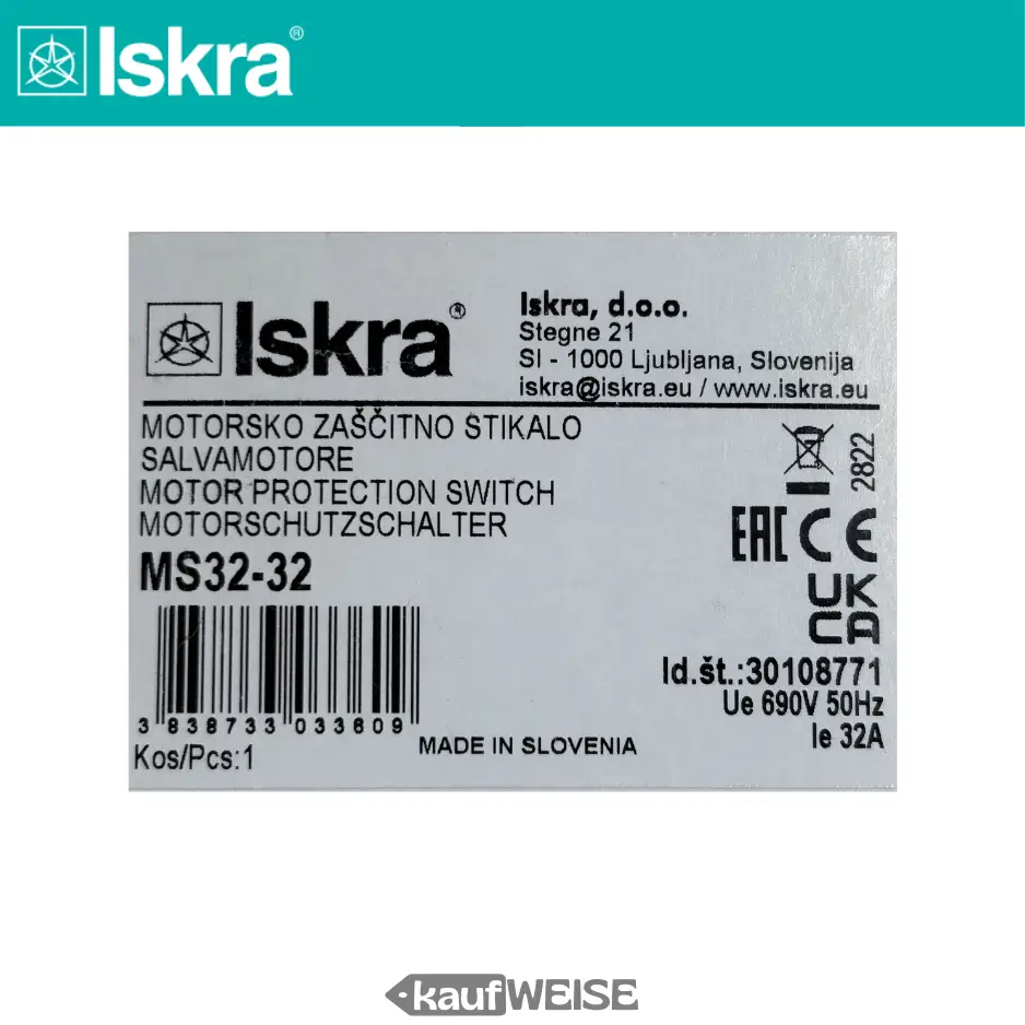 Iskra MS32-32 motorvédő kapcsoló (3 pólusú) | Beállítási tartomány 25-32A | 16kA megszakítóképesség