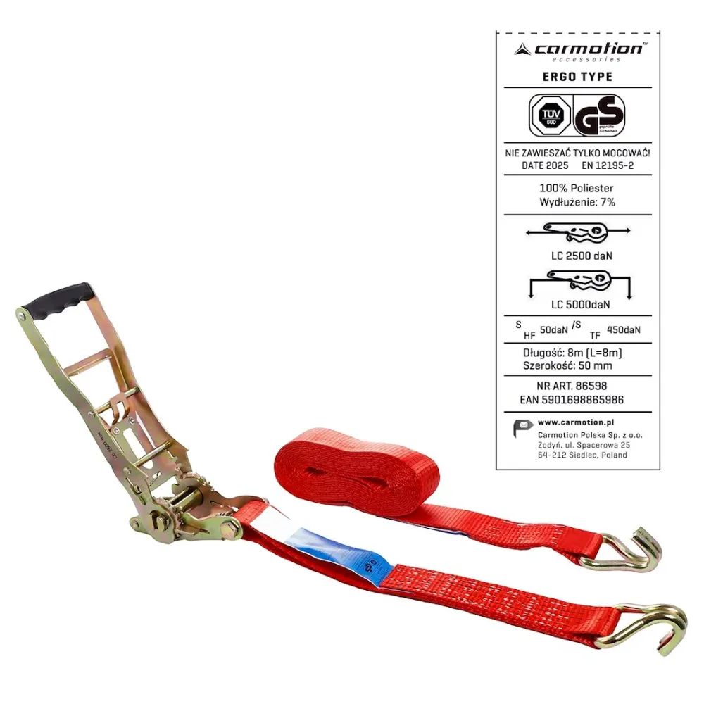 Ratchet rögzítő hevederERGO, 50 mm, 8 m, max 5000 kg