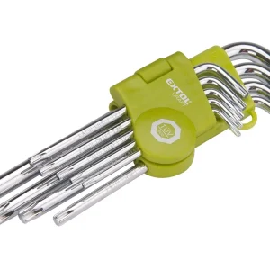 Torx kulcs klt., Cr40. 9db, egyik vége lyukas; T10,15,20,25,27,30,40,45,50, bliszteren