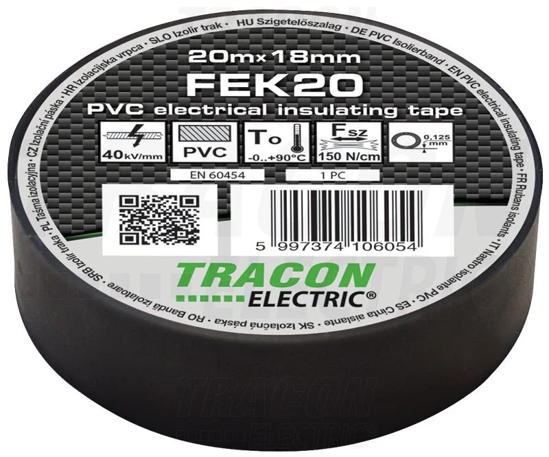 Tracon Szigetelőszalag 20m×18mm PVC 90Fok.ig Fekete FEK20