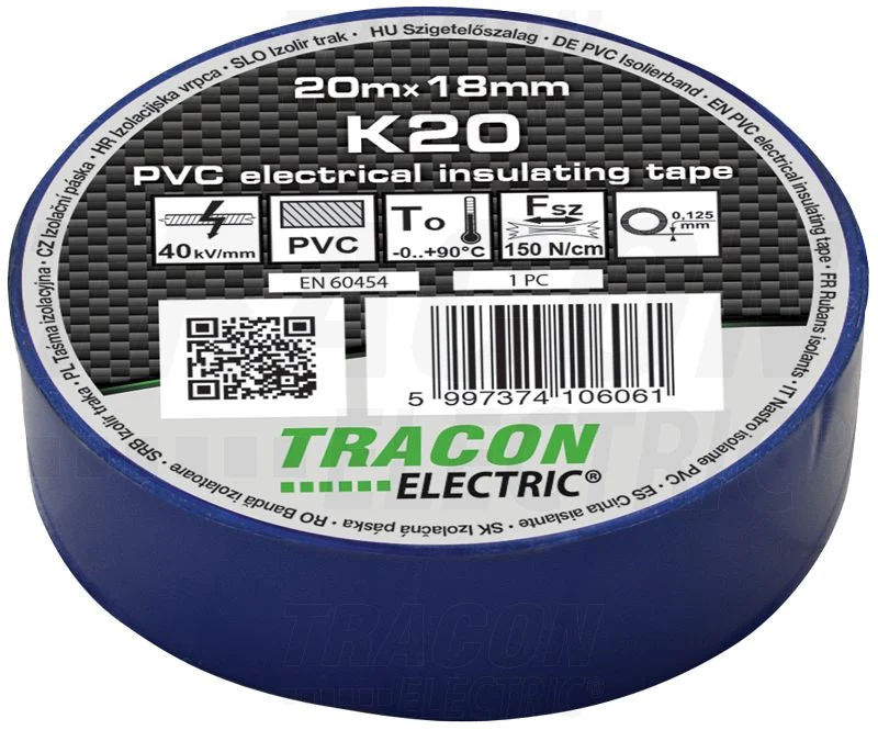 Tracon Szigetelőszalag 20m×18mm PVC 90Fok.ig Kék K20
