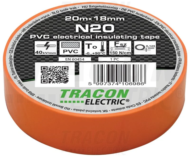 Tracon Szigetelőszalag 20m×18mm PVC 90Fok.ig Narancs N20