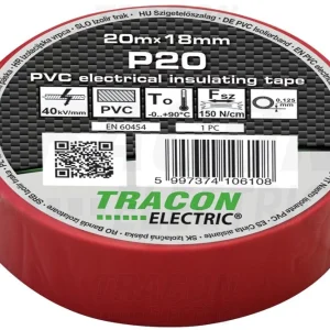 Tracon Szigetelőszalag 20m×18mm PVC 90Fok.ig Piros P20