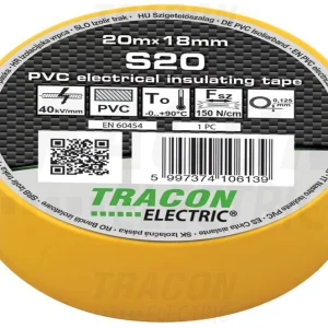Tracon Szigetelőszalag 20m×18mm PVC 90Fok.ig Sárga S20