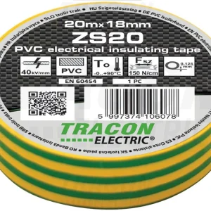 Tracon Szigetelőszalag 20m×18mm PVC 90Fok.ig Zöldsárga ZS20