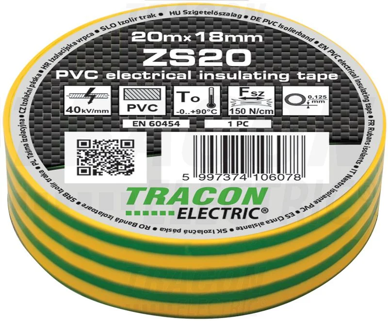 Tracon Szigetelőszalag 20m×18mm PVC 90Fok.ig Zöldsárga ZS20