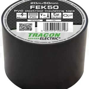Tracon Szigetelőszalag 20m×50mm PVC 90fok.ig Fekete FEK50
