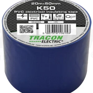 Tracon Szigetelőszalag 20m×50mm PVC 90fok.ig Kék K50
