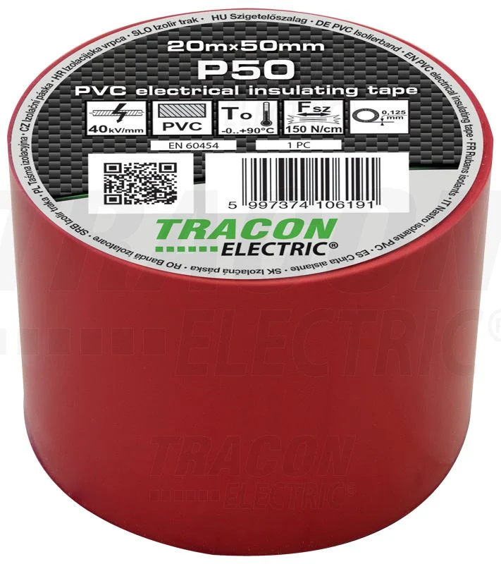 Tracon Szigetelőszalag 20m×50mm PVC 90fok.ig Piros P50