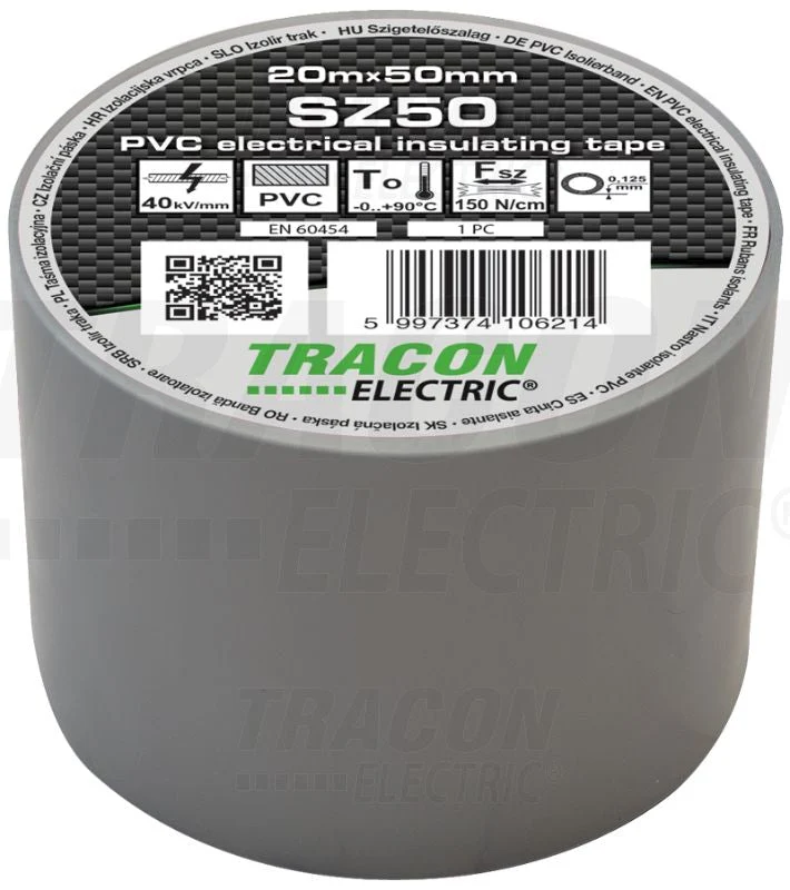 Tracon Szigetelőszalag 20m×50mm PVC 90fok.ig Szürke SZ50