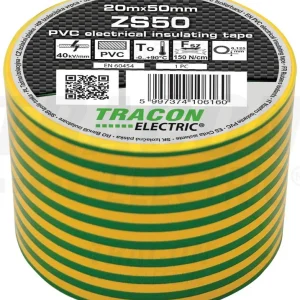 Tracon Szigetelőszalag 20m×50mm PVC 90fok.ig Zöldsárga ZS50