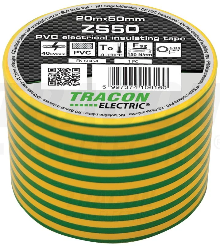 Tracon Szigetelőszalag 20m×50mm PVC 90fok.ig Zöldsárga ZS50