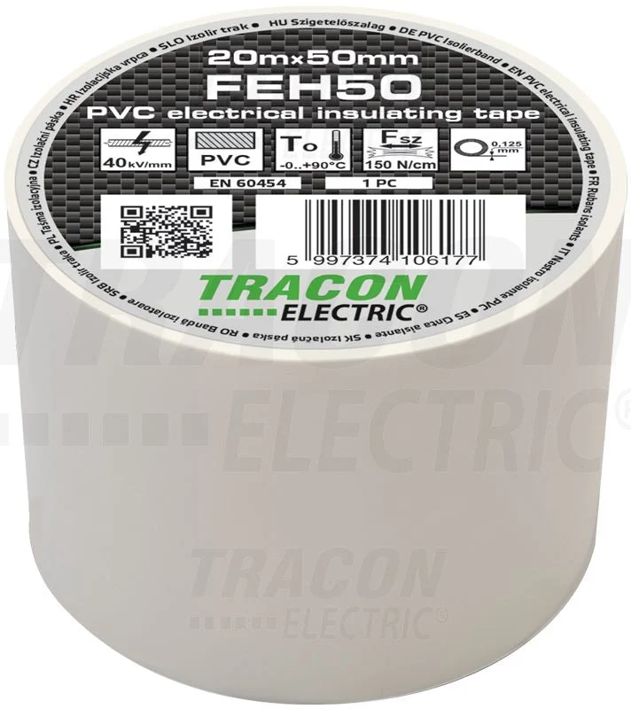 Tracon Szigetelőszalag 20m×50mm PVC 90fok.igFehér FEH50