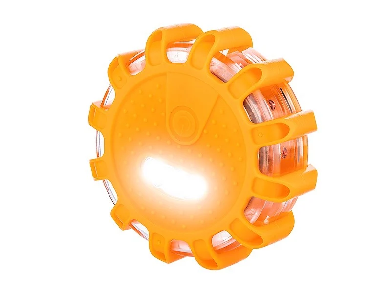 Vészjelző lámpa 12 LED + 3 LED, mágnessel és kampóval szerelve, tápegység 3x AAA, narancssárga színben.