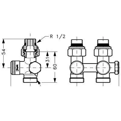 Danfoss RLV-K csapblokk egyenes R1/2" -G3/4"