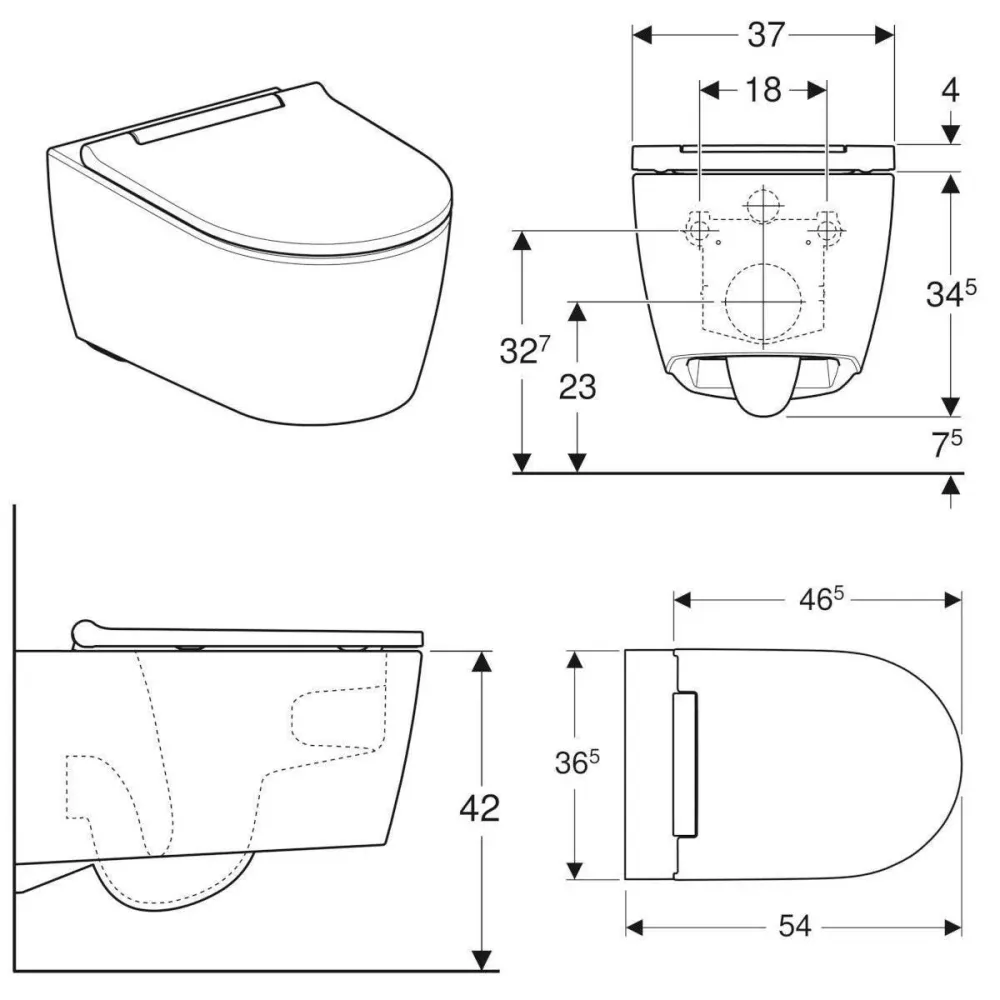 Geberit ONE fali WC csésze, TurboFlush, WC tetővel, fényes króm