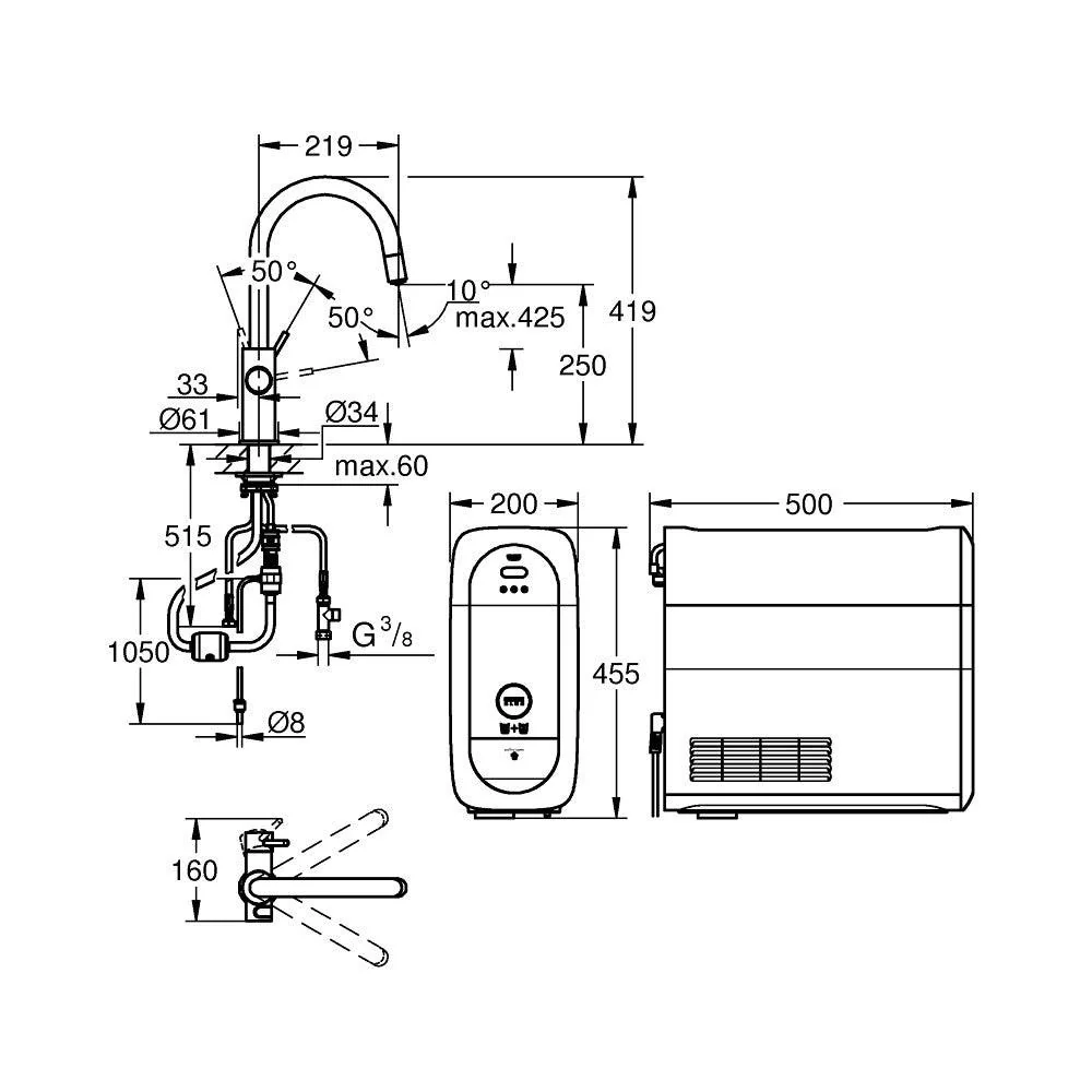 Grohe Blue Home C-kifolyós kezdőkészlet S-es méretű filterrel, kihúzható fejjel, króm (31541000)