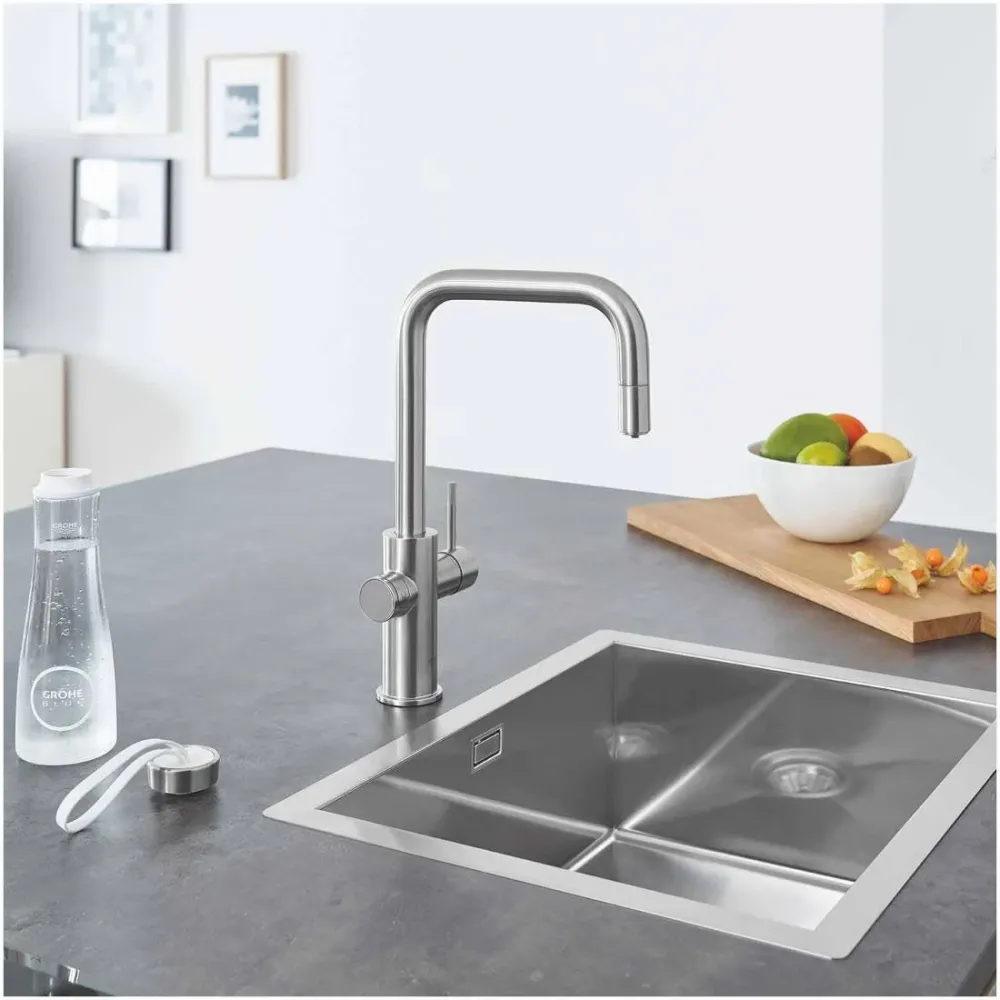 Grohe Blue Home U-kifolyós kezdőkészlet S-es méretű filterrel, kihúzható fejjel, szín: SuperSteel (31543DC0)
