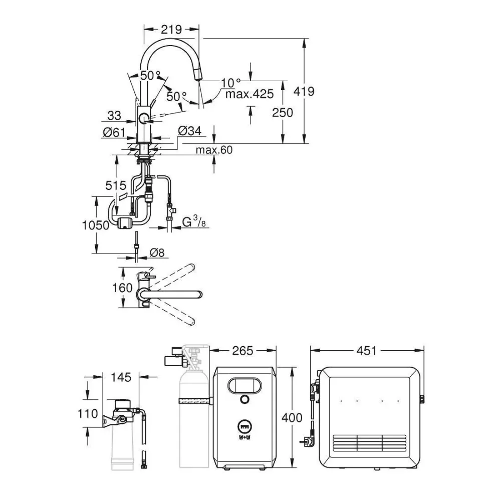 Grohe Blue Professional C-kifolyós kezdőkészlet kihúzható fejjel, szín: SuperSteel (31325DC2)